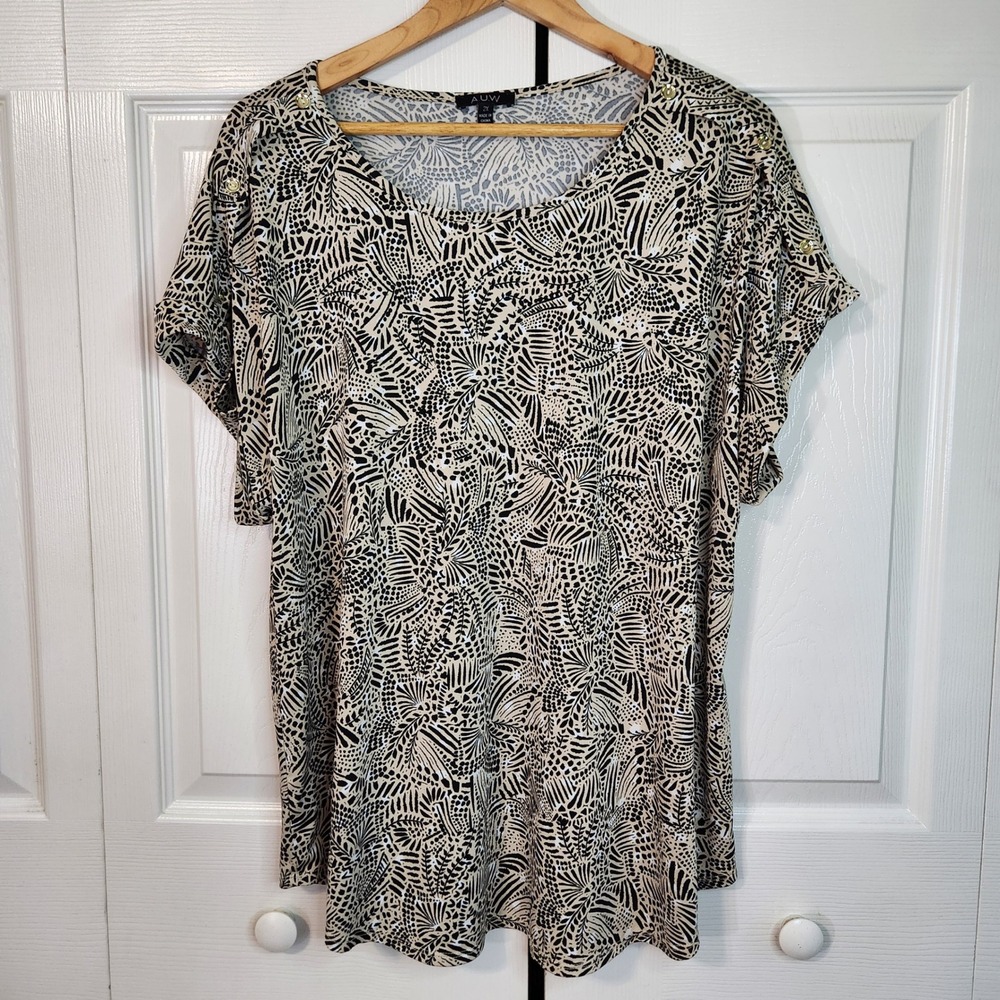 A.U.W‎ Womens 2X Black Tan Animal Print Botanical Dolman Sleeve Gold Button Top